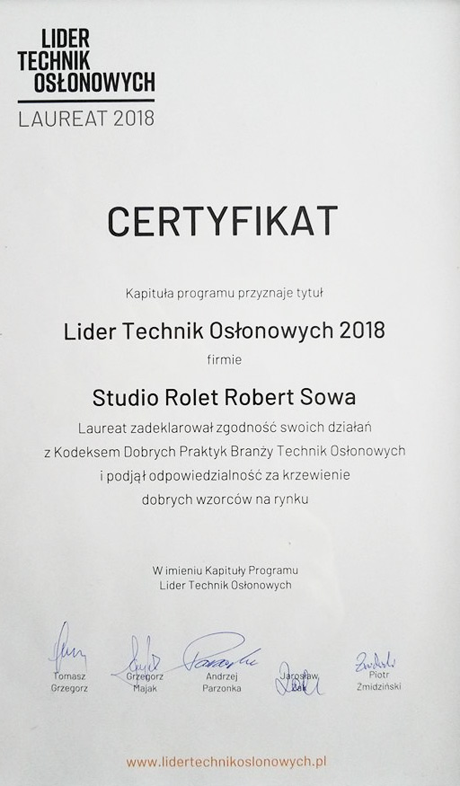 Certyfikat dla Roberta Sowy Studio Rolet